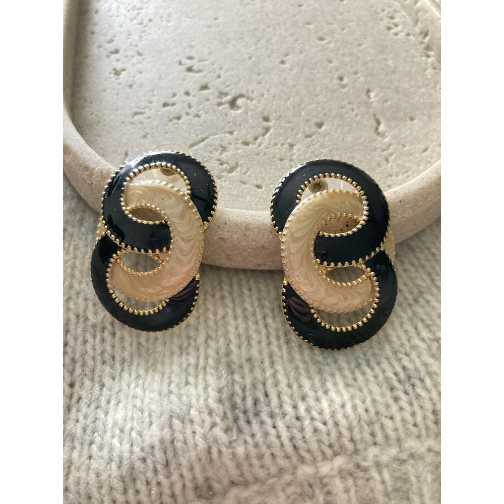 Black Cream Enamel Swirl Earrings Gold Tone Oval Statement Bold Couture Glam